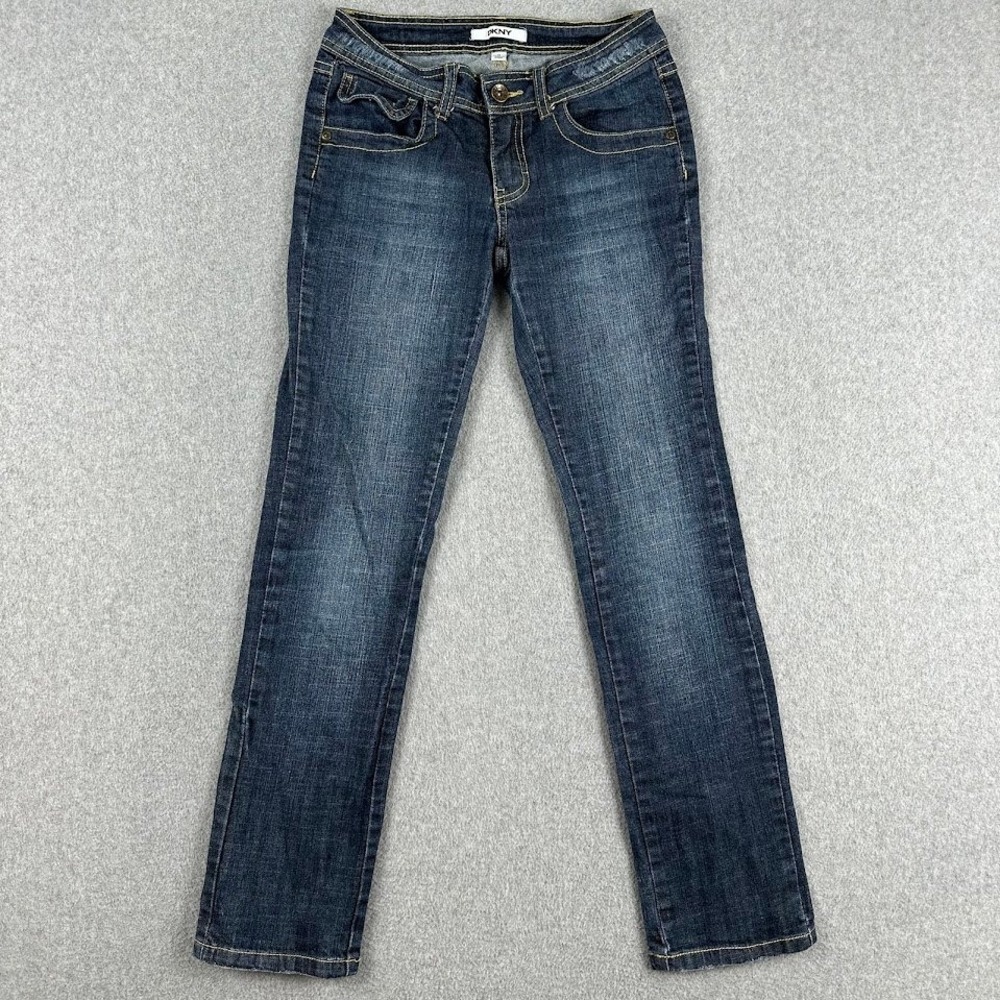 DKNY Womens Jeans Size 14 Dark Wash Denim Straight Leg Distressed